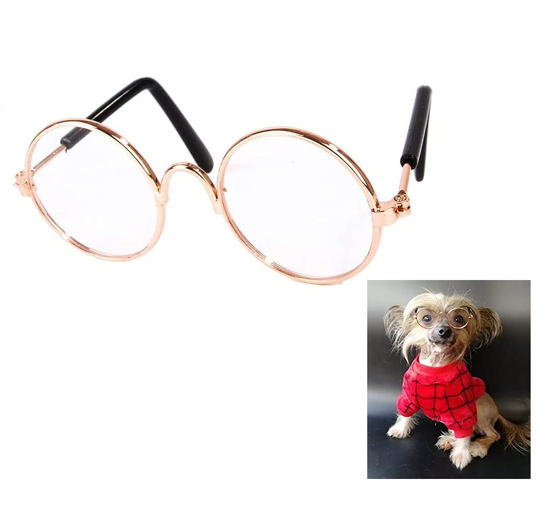 TopE Pet Glasses, Stock Show Funny Cute Dog Cat Retro Fashion Sunglasses, Transparent Eye-wear Protection for Small/Medium Pets (Gold+White, Small)