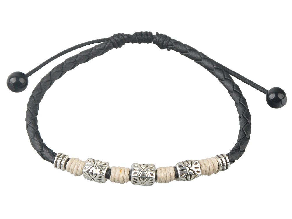 Black Braided Leather Anklet with Silver-Tone Embossed Beads and Beige Wrap – Adjustable 9 Inches / 23cm Boho Bracelet for Men and Women