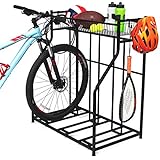 BIRDROCK HOME 3 Bike Stand Rack with Storage – Metal Floor Bicycle Nook – Great for Parking Road, Mountain, Hybrid or Kids Bikes – Garage Organizer - Helmet - Sports Storage Station - Black