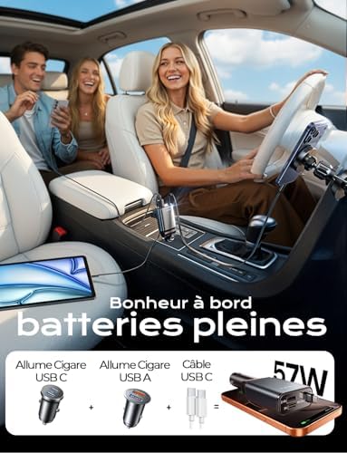 Chargeur Voiture Allume Cigare USB C,Chargeur 3-en-1 57W avec Câble Rétractable, Accessoire Voiture Interieur Cabriolet pour iPhone 17 16 15 Air Pro Max Samsung S25 S24 Ultra Xiaomi 14T 15