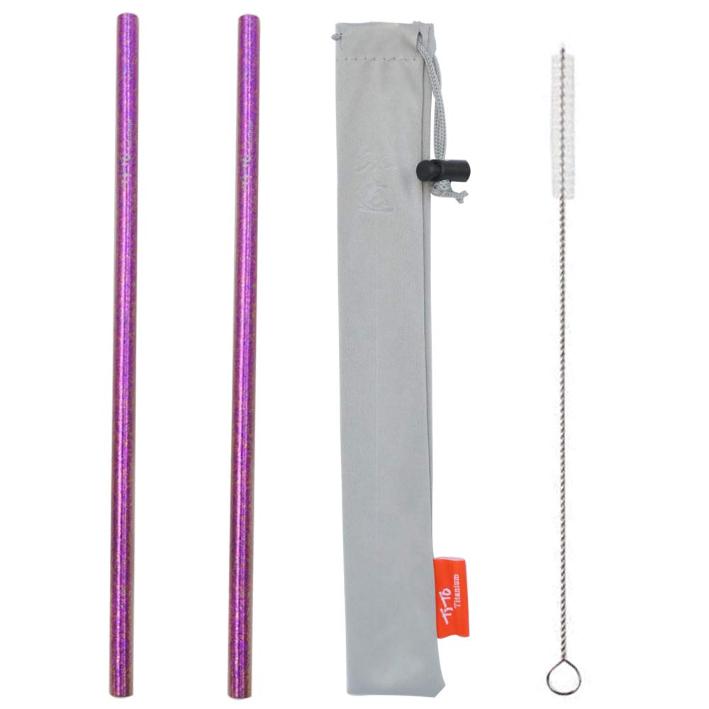 TiTo 2Pcs Titanium Metal Straw Reusable Colorful Ultralight Drinking Straws with Cleaning Brush and Bag for Smoothie, Milkshake, Cocktail and Hot Drinks(Rose, Straight)