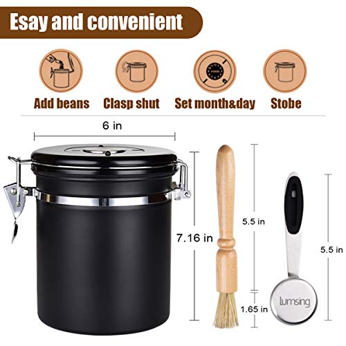 Coffee Container Airtight Stainless Steel Storage Canister with Built-in CO2 Valve, Measuring Scoop and Brush - Black