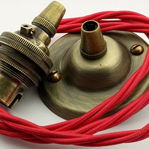 Vintage Styled Ceiling Pendant Kit incl. Antiqued Brass Finish Rose, B22 Bulb Holder and 3 Core Bright Red Braided Twisted Flex