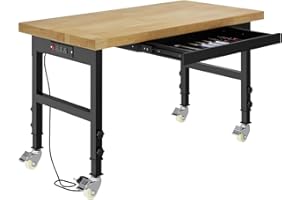 Pelnuies 48" Work Bench with Drawers, Adjustable Height Workbench with Wheels, Heavy-Duty Work Table with Power Outlets, 2000 LBS Capacity Workstation for Garage, Workshop, Office, Home