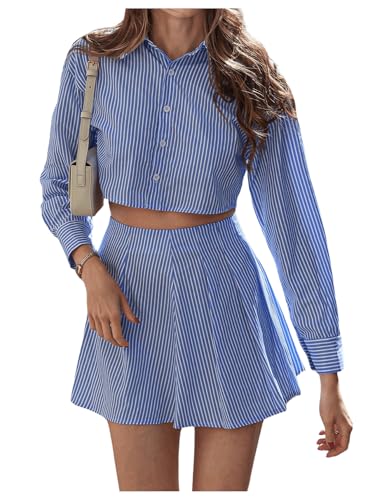 Photo 1 of MakeMeChic Women's 2 Piece Outfits Striped Long Sleeve Button Down Shirt and Pleated Mini Skirt Set Blue and White Large