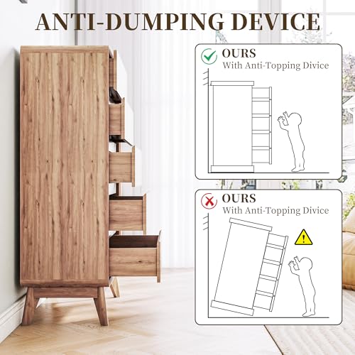ENOUSHU 50" Tall Dresser for Bedroom, Vertical Dressers with 5 Drawers and Curved Profile Handleless Design, Chest of Drawers with Natural Texture for Living Room, Hallway and Entryway, Natural