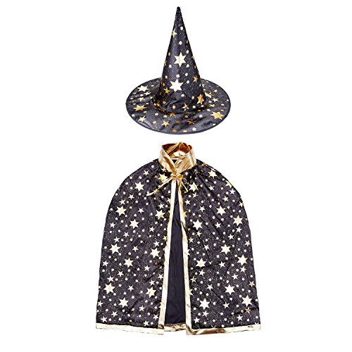 LeHom Halloween Witch Wizard Costume Set with Cloak and Hat, Unisex Cape Set for Kids Cosplay (Black)