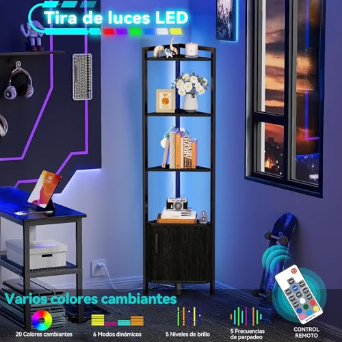 GARUISKY Estante Esquinero con Puertas y Luz LED, Librero de 5 Niveles con Estantes, Organizador de Estantes de 1.6m de Alto, Ideal para Esquinero para Sala, Dormitorio, Oficina (Negro)