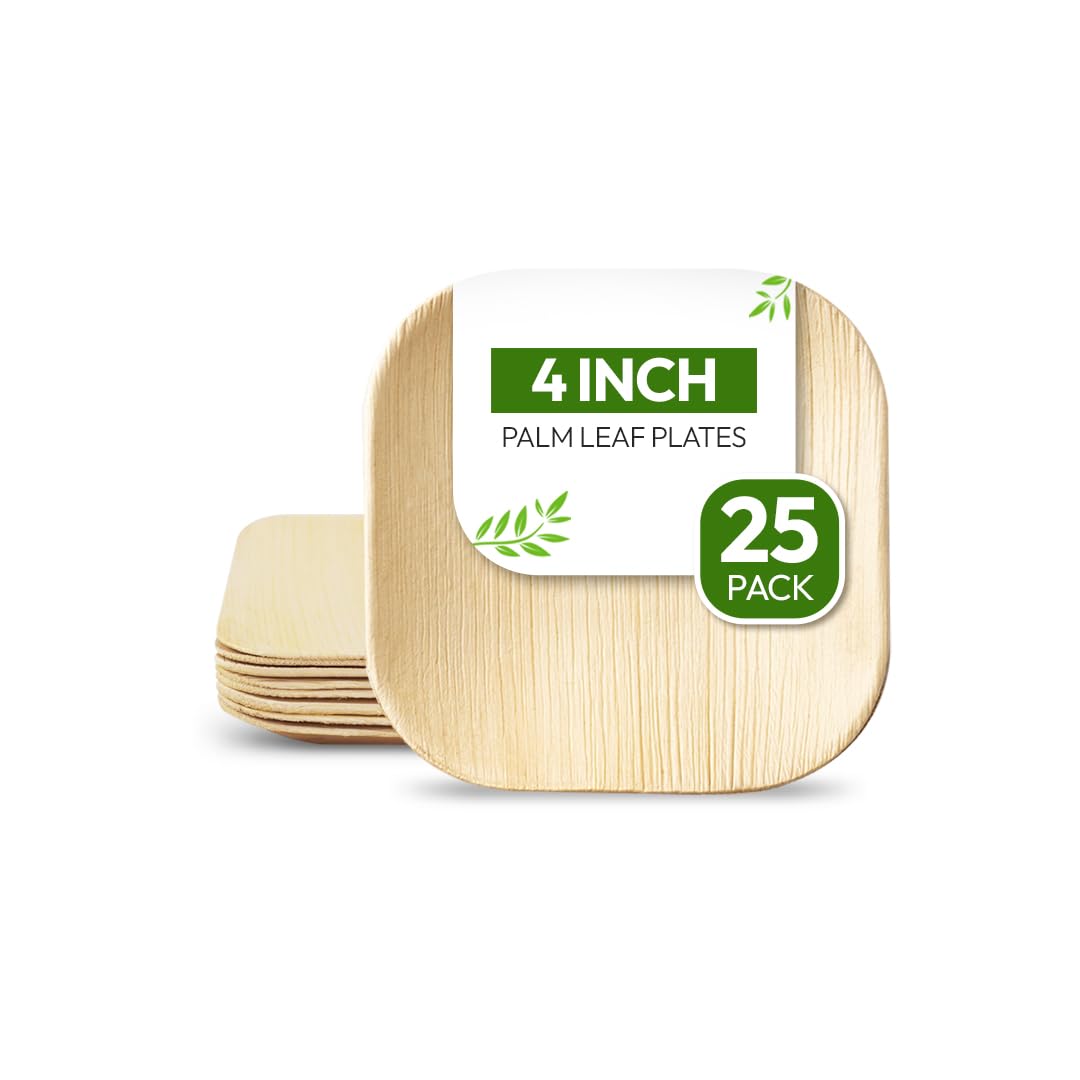 FOOGO Green 25pcs Disposable Mini Palm Leaf Plates, XSmall 4"(10cm) Square, for Sauces and Ketchup Pots, Eco Friendly, Bio Compostable, Like Dip Bowls Wooden Plates, Party Wedding