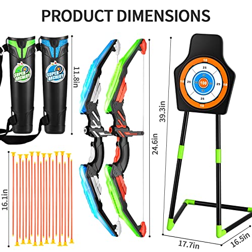 TEMI 2 Pack Bow and Arrow for Kids Light Up Archery Toy Set Includes