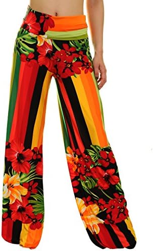 Uptown Apparel Womens Fold Over Waist Wide Leg Palazzo Pants, Good for Tall Curvy Women-Ships from U.S.A (Los Angeles) (L, REDORANGE06)