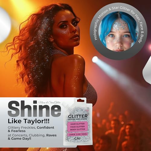 Face, Body & Hair Glitter Gel – Halloween Glitter for Kids and Women – 3 Oz Cosmetic-Grade Gel w/Moon & Stars for Festivals & Halloween Party, Easy Apply & Wash Off - Silver 1Pack