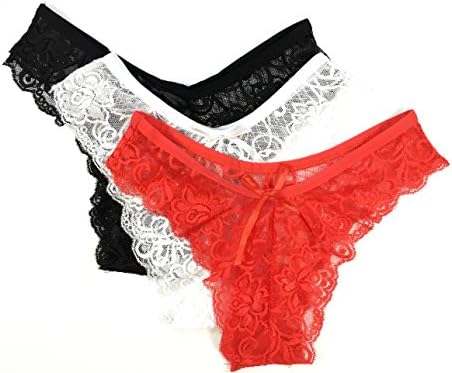 Sexy Women's Lace Thong Panty Seamless Underwear Bikini Briefs Pack of 3 (S/M, black/white/red)