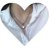 Allereyae Vintage Love Heart Choker Necklace Silver Paper Clip Necklace Puffy Heart Toggle Necklace Open Circle T Bar Necklace Jewelry for Women