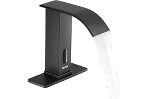 VEVOR Touchless Bathroom Sink Faucet, Automatic Motion Sensor Waterfall Restroom Toilet Faucet with Hole Cover Plate, Battery Operated,Hot/Cold Water for 9/16 in Pipe Commercial Lavatory,Matte Black