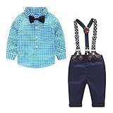 Yilaku Toddler Boys Outfits Suit Infant Clothing Newborn Baby Boy Clothes Sets Gentleman Plaid Top+Bow Tie+Suspender Pants(9-12 Months, Blue)
