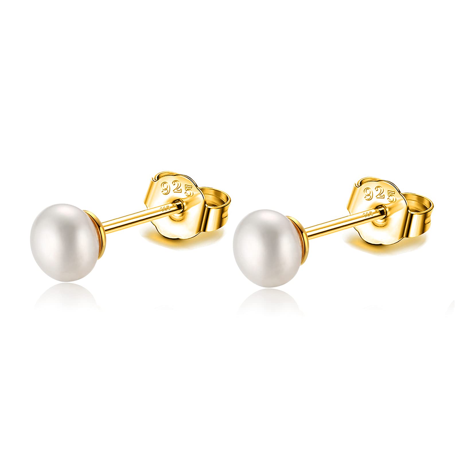 4-5mm Real Freshwater Cultured Pearl Earrings 925 Sterling Silver Gold Tiny Small White Button Pearl Studs Earrings for Women Girl