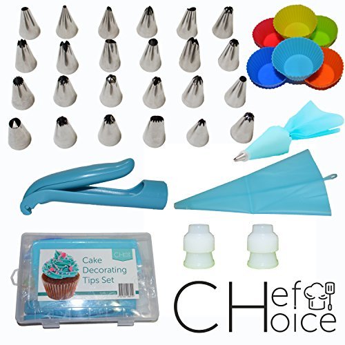 Cake Decorating Supplies Kit 35 pcs Set: 24 Icing Tips - 1 Decoration Pen - 2 Silicone Piping Bags - 1 Cleaning Brush - 2 Nozzles Couplers - 6 Baking Cupcake Cups - Pastry Tools - With Gift box