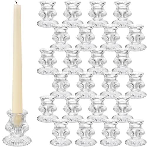 Photo 1 of Foaincore 24 Pcs Candlestick Holders Bulk 2.36" H Small Clear Glass Taper Candle Holders for Pillar Candles Table Centerpiece Wedding Dinner Party Decor