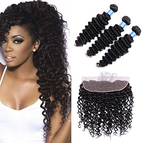 Ucrown hair Deep Wave 3 Bundles with Frontal Ear to Ear Lace Frontal Closure with Bundles Brazilian Virgin Hair with Closure Human Hair Extensions（ 18 20 22+16inch）