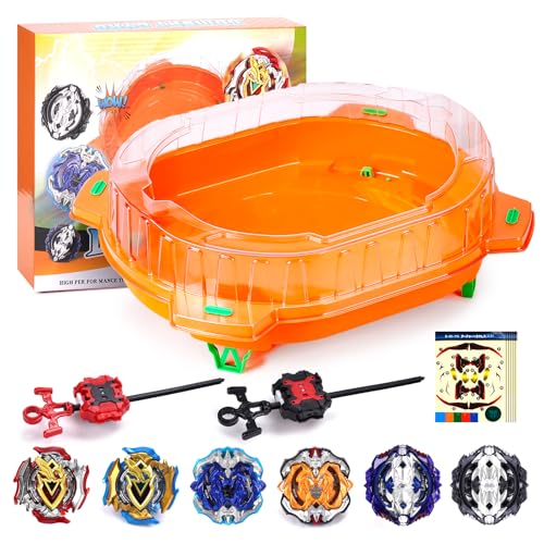Burst Stadium Spinner Battle Set, 6 Spinner Toy & 2 Devices & 1 Launch Arena for Children 6+ Years Old, Multiplayer Fighting Game (Orange)