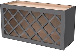 CozyHommie Solid Wood RTA Wine Bottle Rack Wall Cabinet with Lattice Panels Wine Holder Wine Storage Cabinet for Bar, Pantry, Wine Cellar Basement Countertop Mocha (Pebble Gray, 30”W × 12”D × 18”H)