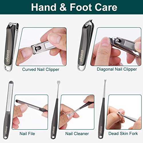 ikeepi Manicure Nail Clippers Pedicure Kit with Luxury Leather Case, Portable Stainless Steel Nail Cutter Fingernails & Toenails, Non-slip Grooming Kit for Hand Care, Facial Care, Foot Care, Set of 8