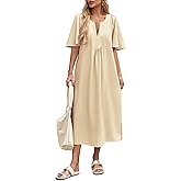 Wenrine Womens Flutter Short Sleeve Maxi Dress Casual V Neck Side Slit Pleated Loose Flowy Summer Dresses