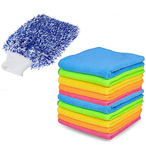 ALLEXTREME Combo Pack of Microfiber Car Washing Super Absorbent Reusable Mitt Dusting Cleaning Blue Glove with 10-Towels