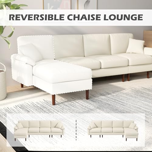 HOMCOM Changeable Sectional Sofa with Chaise Lounge, 111" Modern 4-Seater Couch with Pillows, Wooden Legs, L-Shape Corner Sofa for Living Room, Cream White
