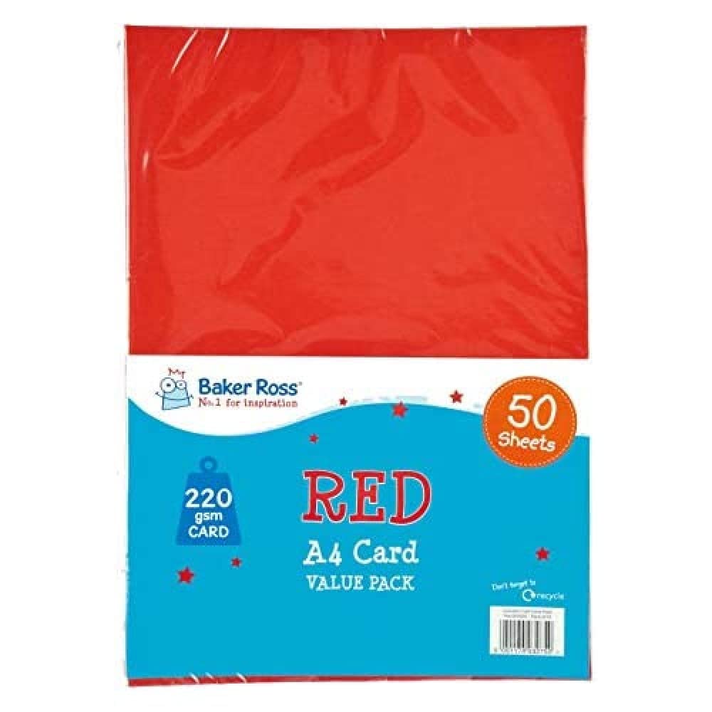 Baker Ross A4 Red Coloured Card Copier Card for Craft and Decoration (Pack of 50, 220gsm)