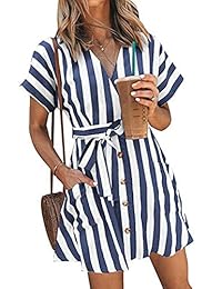 Hiistandd - Vestido de verano para mujer, manga corta, cuello en V, con cinturón, informal, a rayas, con bolsillos