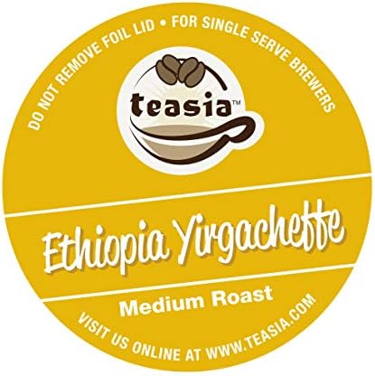Teasia Coffee Pods, Single Origin Ethiopia Yirgacheffe, Medium Roast (96-count) Single Serving GMO-free Compatible with Keurig Brewers (2-Pack of 48)