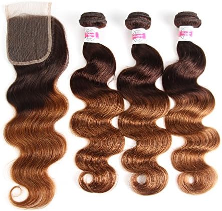 2 Tone Ombre Hair Weave 3 Bundles With Closure Brazilian Virgin Hair Body Wave Human Hair Weave Extensions T4/30 Medium Brown/Medium Auburn (22 24 26+20) …