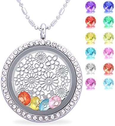 Flower Birthstone Crystal Necklace - Floating Charm Living Memory Lockets Pendant - Gifts for Friendship, Birthday, Mother's Day