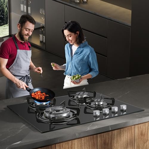TopStrong 4 Burner Gas Hob, Built-in Glass Gas Hob, Flame-Out Protection, Natural Gas/Propane, 8060W, Black, 220-240V
