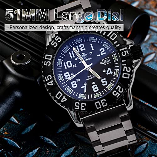 Mens Quartz Wrist Watch Sport Military Watch with Date Analog, Fashion Waterproof Luminous Field Watch with Japanese Movement, Black Dial, Stainless Steel Strap