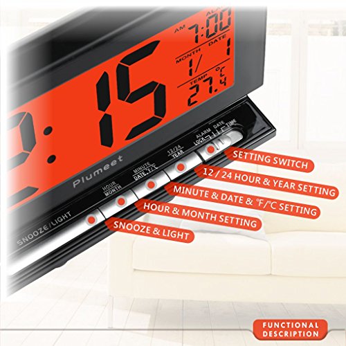 Plumeet Digital Alarm Clock with Auto-Night Light & Temperature, Snooze, Large LCD Numbers, Simple Setting, Battery Operated Only (Black)