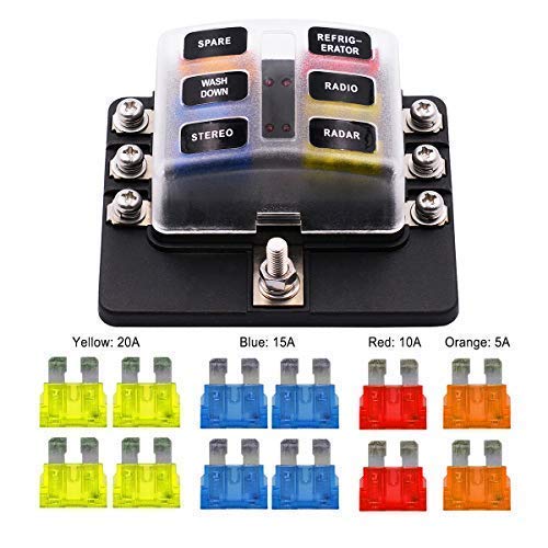VETOMILE 6-way Fuse Box Blade Fuse Block Holder Screw Nut Terminal 5A 10A 15A 20A Free Fuses LED Indicator Waterpoof Cover for Automotive Car Marine Boat