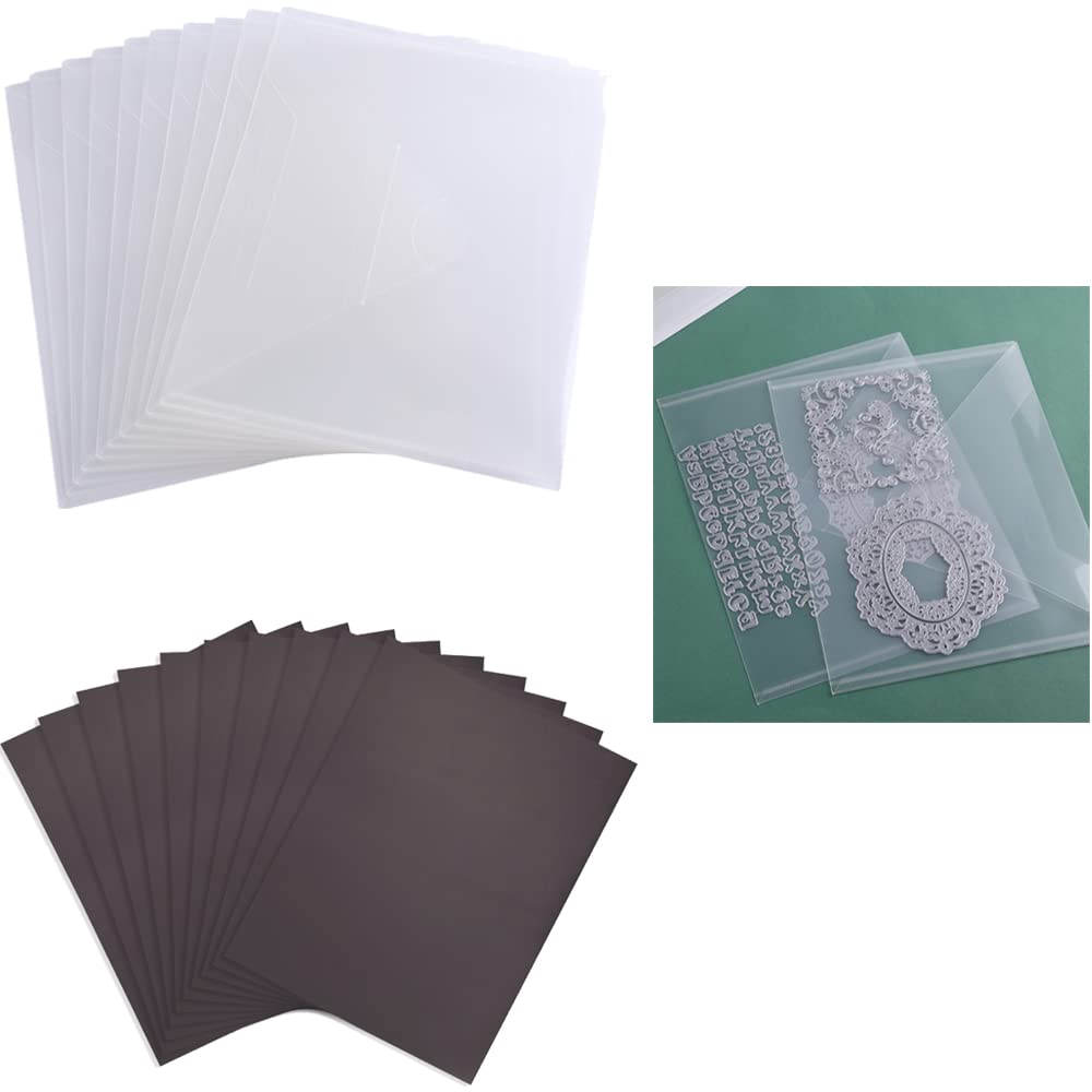 A4 Dies & Stamps Storage Envelope Pockets and Magnetic Sheets,10PCS Plastic Storage Envelopes Bags & 10 PCS Soft Rubber Magnetic Sheets for Cutting Dies Stencil Embossing Crafts Organizer Holder