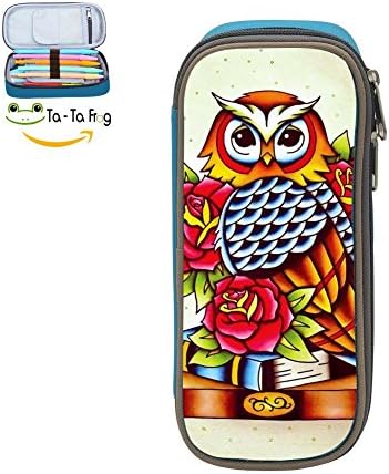 Large Capacity Canvas Pencil Box Portable For Unisex,Print Owl,Blue