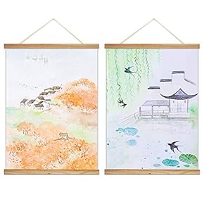 2 Panel Hanging Poster with Wood Frames - Chinese Ink Painting Ancient Style Houses in Spring - Ready to Hang Decorative Wall Art - 18"x24" x 2 Panels
