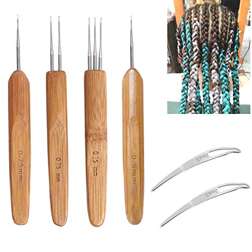Iceyyyy 6PCS 0.75mm and 0.5mm Dreadlocks Crochet Hooks Set - 4 Pieces Bamboo Hair Extensions Crochet Weaving Needles and 2 Pieces Dreadlocks Interlock Needle Tool for Braid Craft