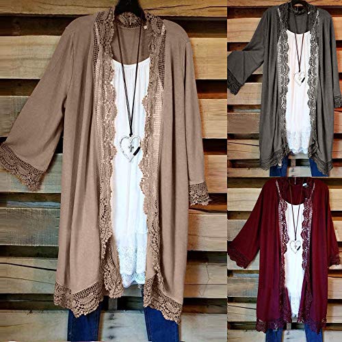 HTDBKDBK 2019 Woman Fashion Sexy Solid Color Kimono Cardigan Lace Tops Open Front Cardigan Coat Tops Women Kimono Khaki