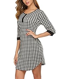 Ekouaer Women's Nightgown Plaid Nightdress 3 4 Sleeve Sleepshirt Button Down Sleep Dress S-XXL