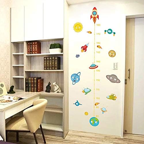 Atiehua Wall Stickers Cartoon Solar System Rocket Height Measure Wall Stickers For Kids Rooms Outer Space Wall Decals Growth Chart Mural Wall Art