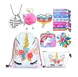 Unicorn Gifts for Girls - Unicorn Drawstring Backpack/Makeup Bag/Bracelet/Necklace/Hair Ties/Keychain/Sticker (White Flower 3)