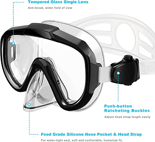 EMSINA Mask Fin Snorkel Set with Adult Snorkeling Gear, Panoramic View Diving Mask, Trek Fin, Dry Top Snorkel +Travel Bags, Snorkel for Lap Swimming