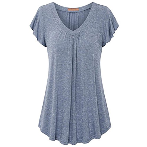 Click Here to See More Images NREALY Women's Plus Size Pleated Short Sleeve V Neck Solid Blouse Top Tunic Blouse Tee