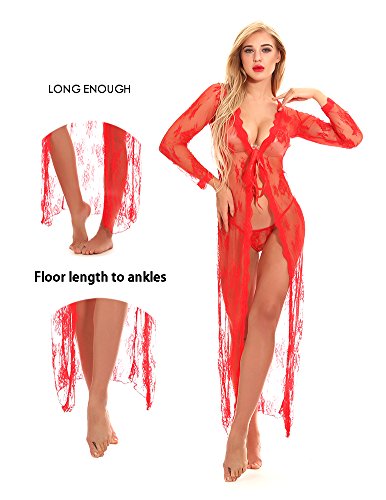 cunlin Women Sexy See Through Lace Gown Kimono Cover Up Sleepwear Set Plus Size Dress Maternity Pregnant Robe Red S